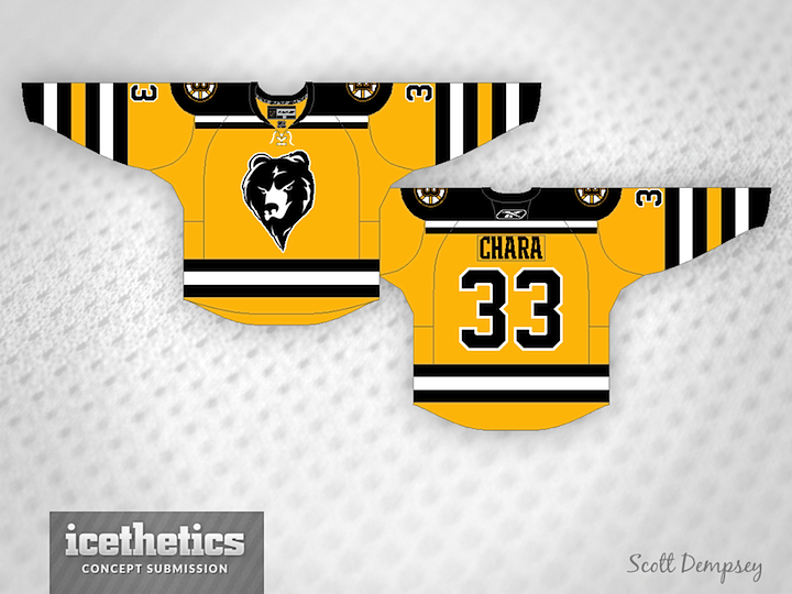 Duotone jersey concept for the Boston Bruins of the NHL. I used the teams  original 1924 logo as well as the early brown and gold color scheme to give  these duotone jerseys a modern look that still retains a vintage feel,  fitting for one of the original